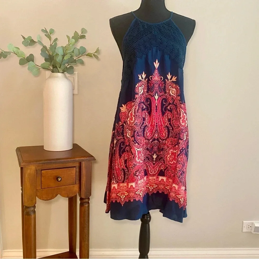 Free People Intimately 'Shea' boho printed trapeze‎ dress with crochet detail